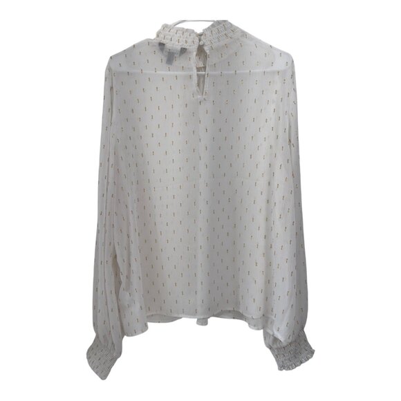 Express White & Gold Swiss Dot Blouse Shirred Mock Neck & Elastic Cuffs SZ XL - Picture 12 of 13